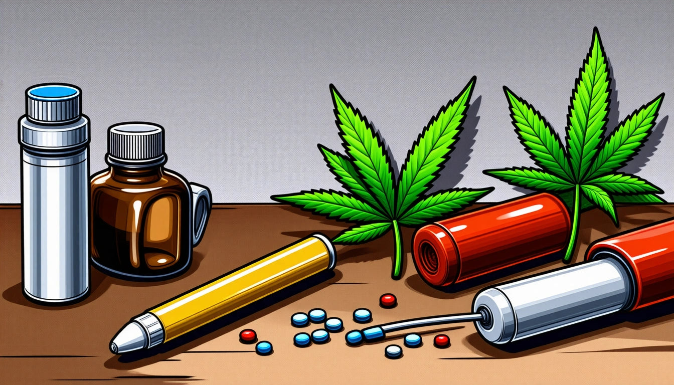 Two cannabis leaves, pill bottles, scattered pills, and vape pens on a wooden surface