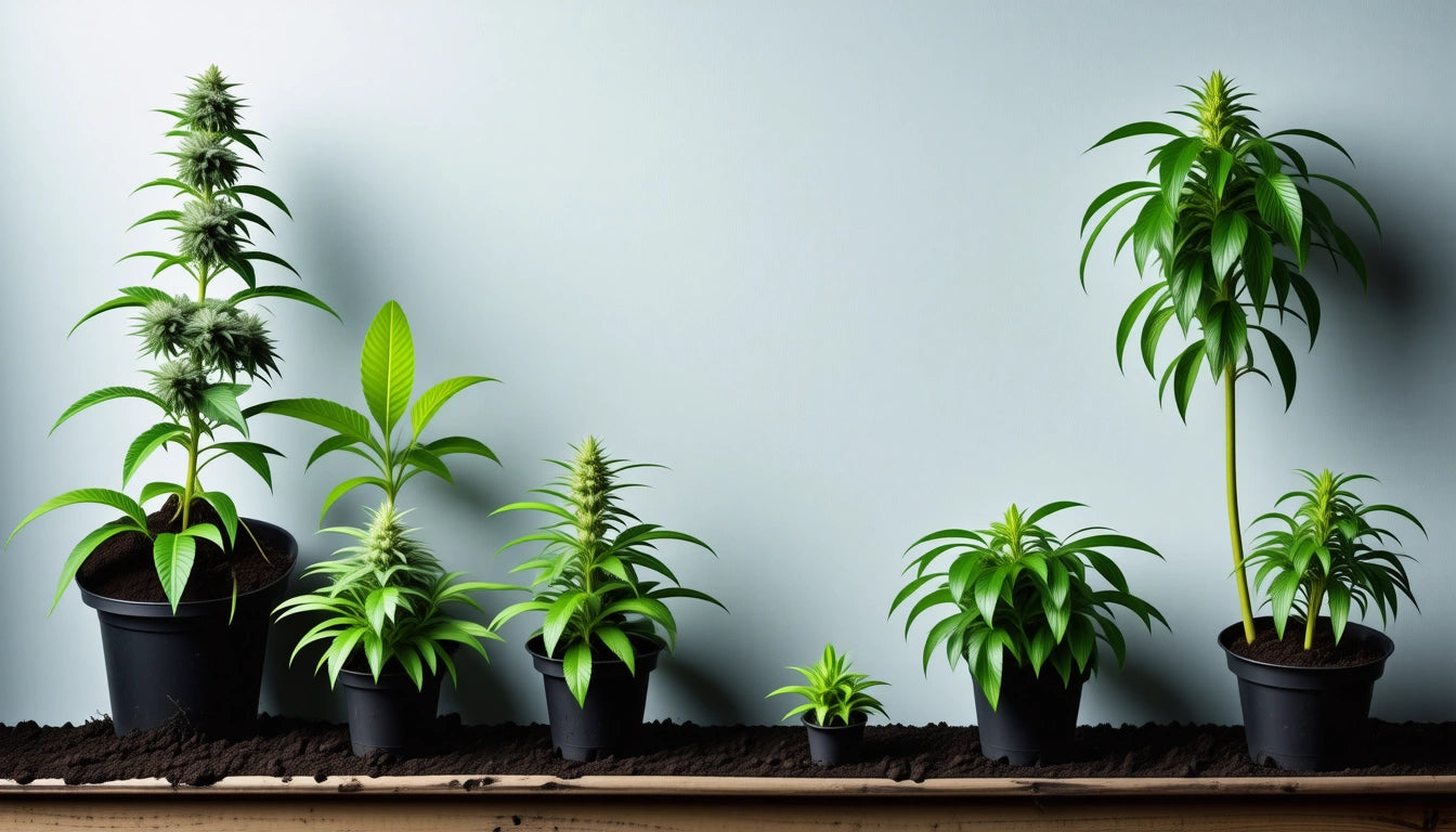 Six potted plants of varying sizes on a wooden shelf against a light gray wall, with dark soil visible beneath them