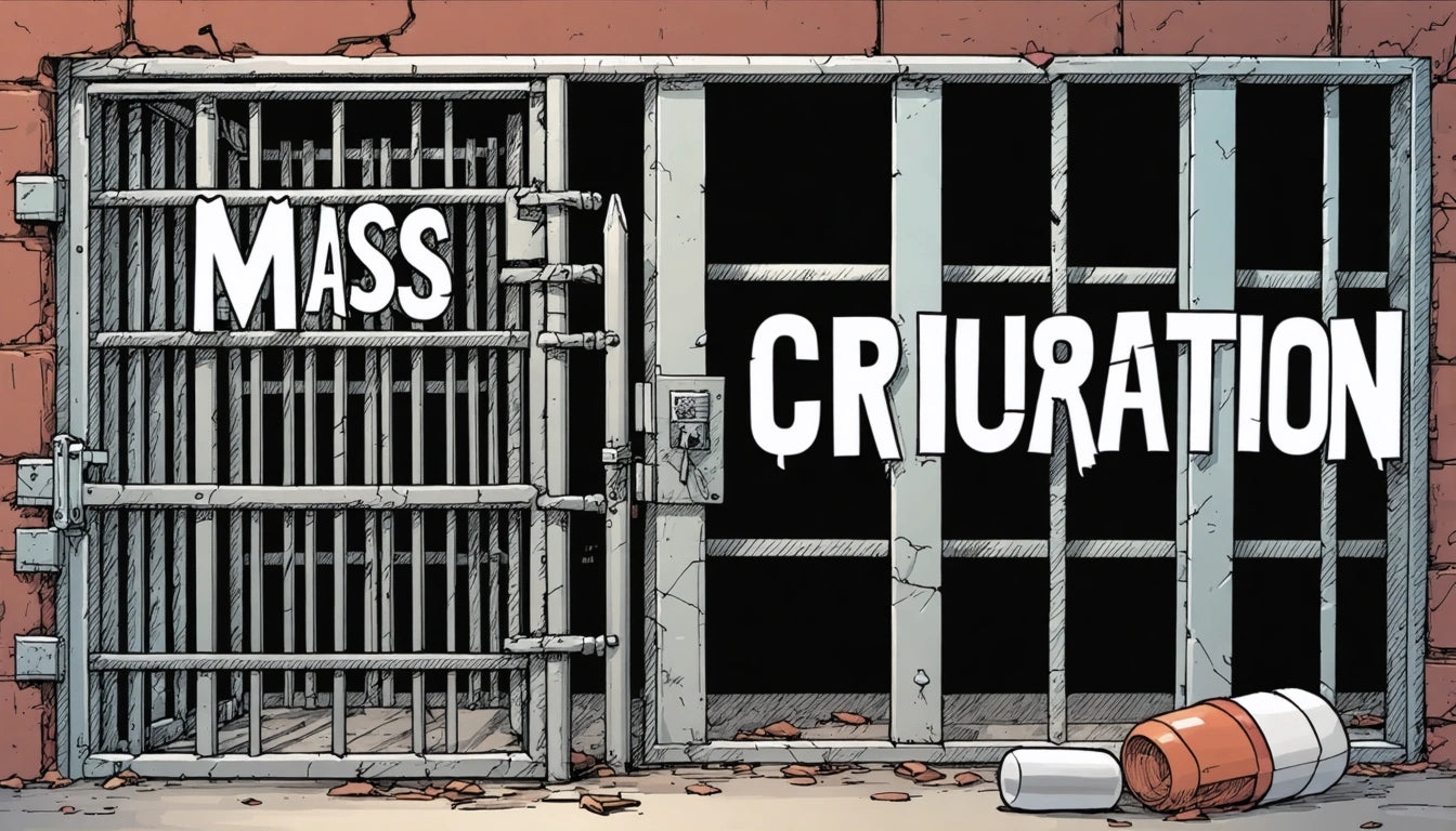 Open jail cell with bars on the left, closed cell with "CRIMINATION" text on the right, scattered debris on the ground