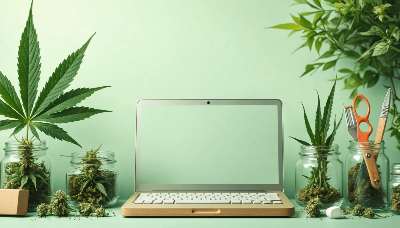 Open laptop on desk, surrounded by jars of green plants, scissors, and a small white pill bottle against a light green background