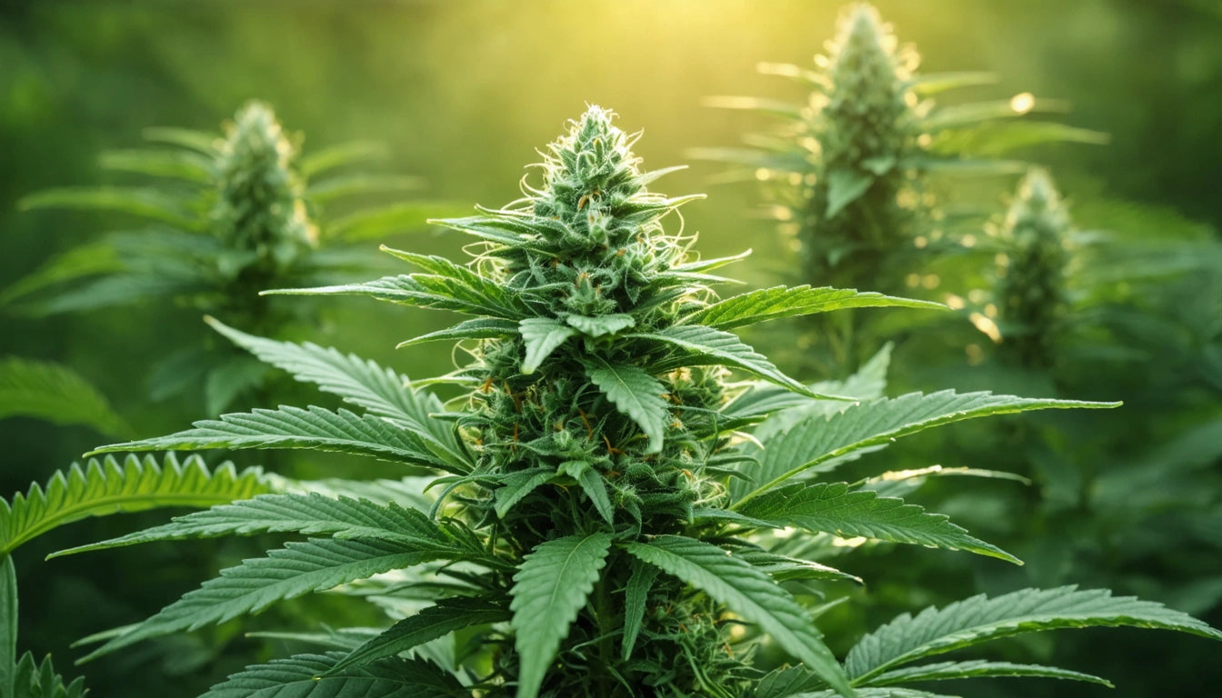 Close-up of green plant with pointed leaves and dense, spiky clusters, sunlight softly illuminating the background