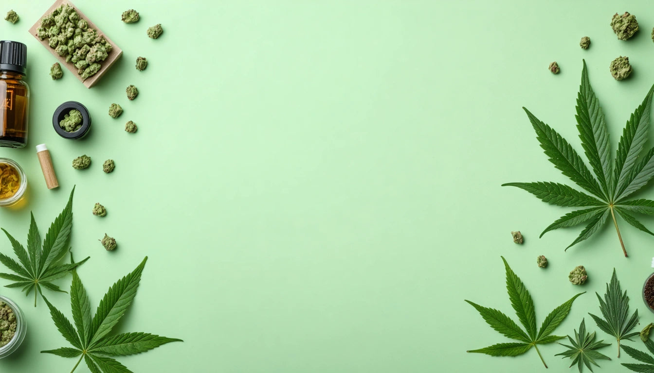 Green cannabis leaves and buds arranged on a light green background, with small jars and a dropper bottle on the left