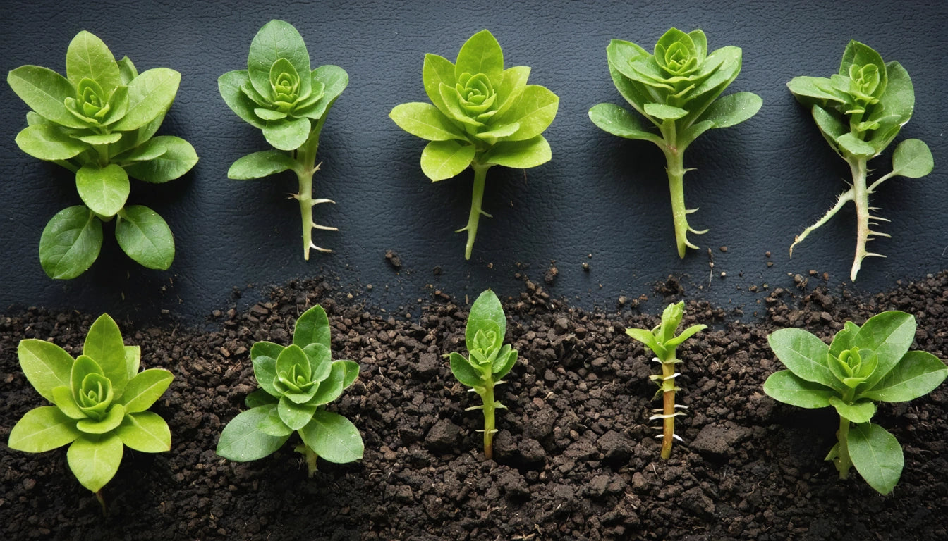 Eight small green plants with leafy stems arranged on dark soil against a black background