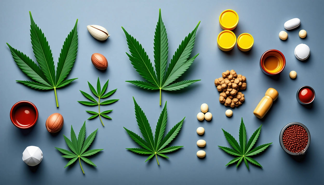 Green leaves, various seeds, pills, and containers arranged on a gray surface
