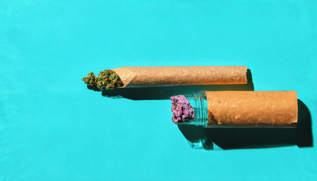 Two brown paper cones, one with green contents, the other with purple, on a bright turquoise background