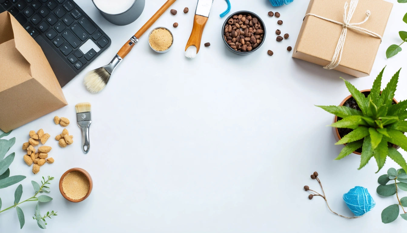 Keyboard, brushes, coffee beans, gift box, plant, and leaves arranged around a white surface