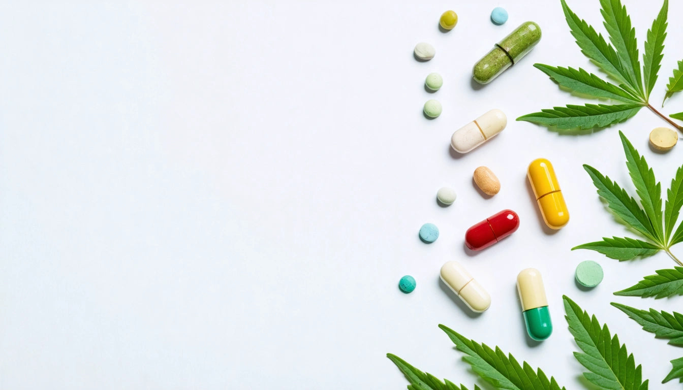 Various colored pills scattered diagonally on white surface, with green leaves in the bottom right corner