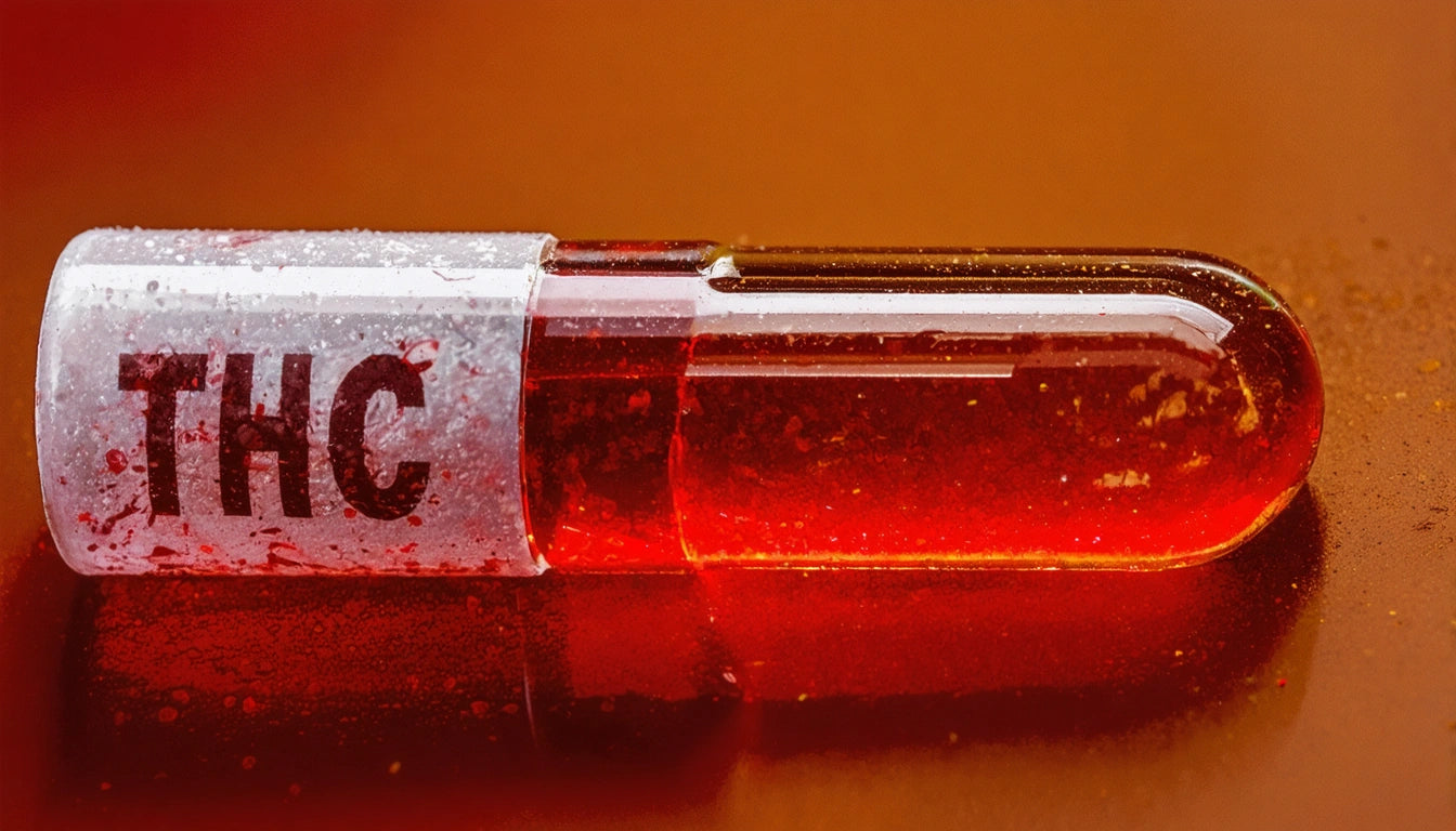 Red and clear capsule with white powder labeled "THC" on one side, resting on a reflective orange surface