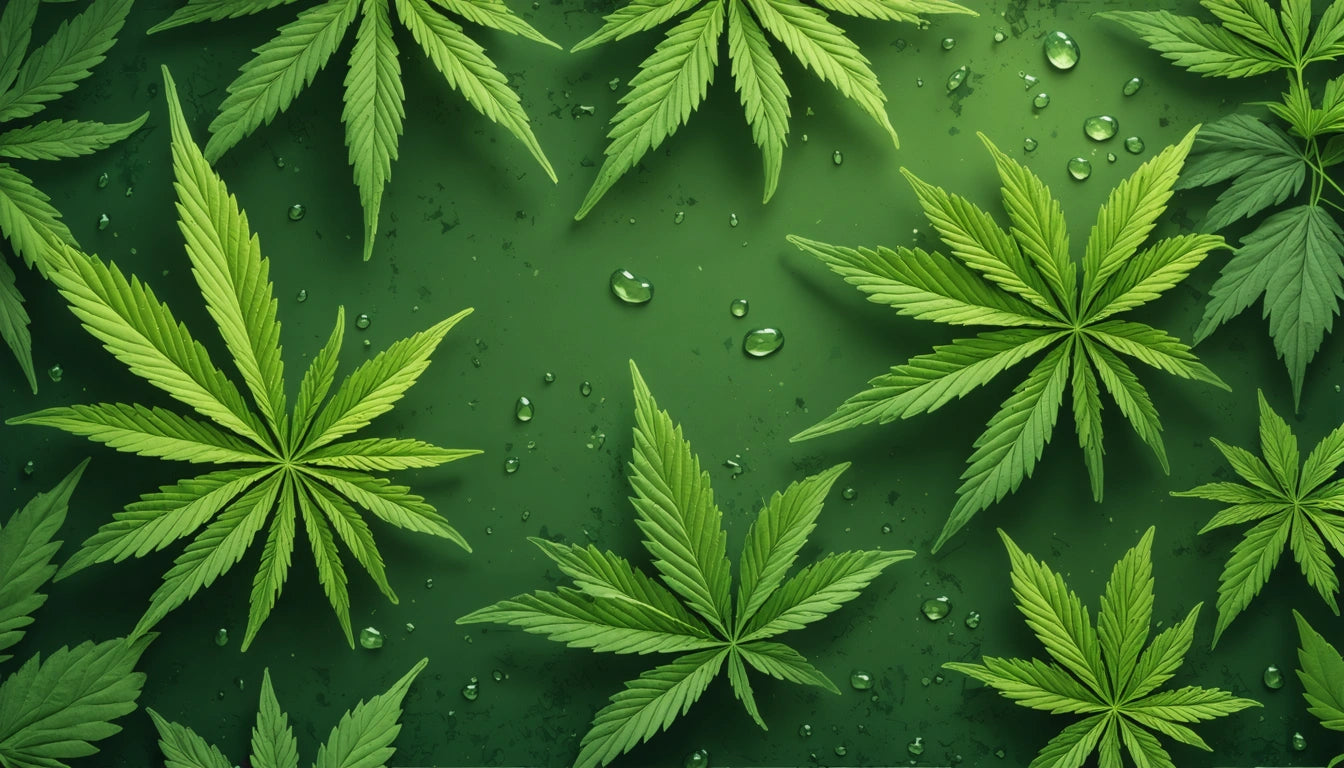 Green leaves with serrated edges scattered on a green surface with water droplets