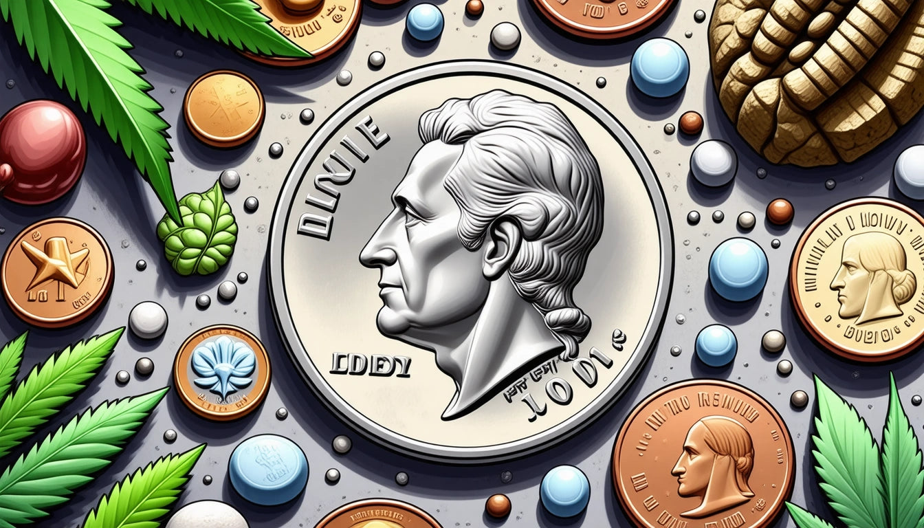 Silver coin with a profile of a man surrounded by various coins, pills, cannabis leaves, and a pine cone on a speckled surface