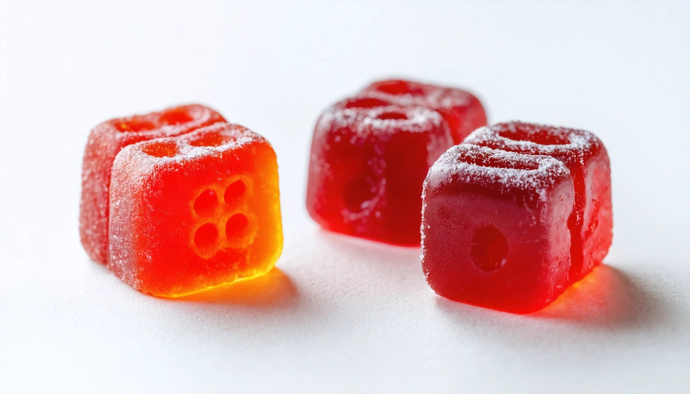Four red gummy candies with sugar coating, each shaped like a six-sided die with dots, on a white surface
