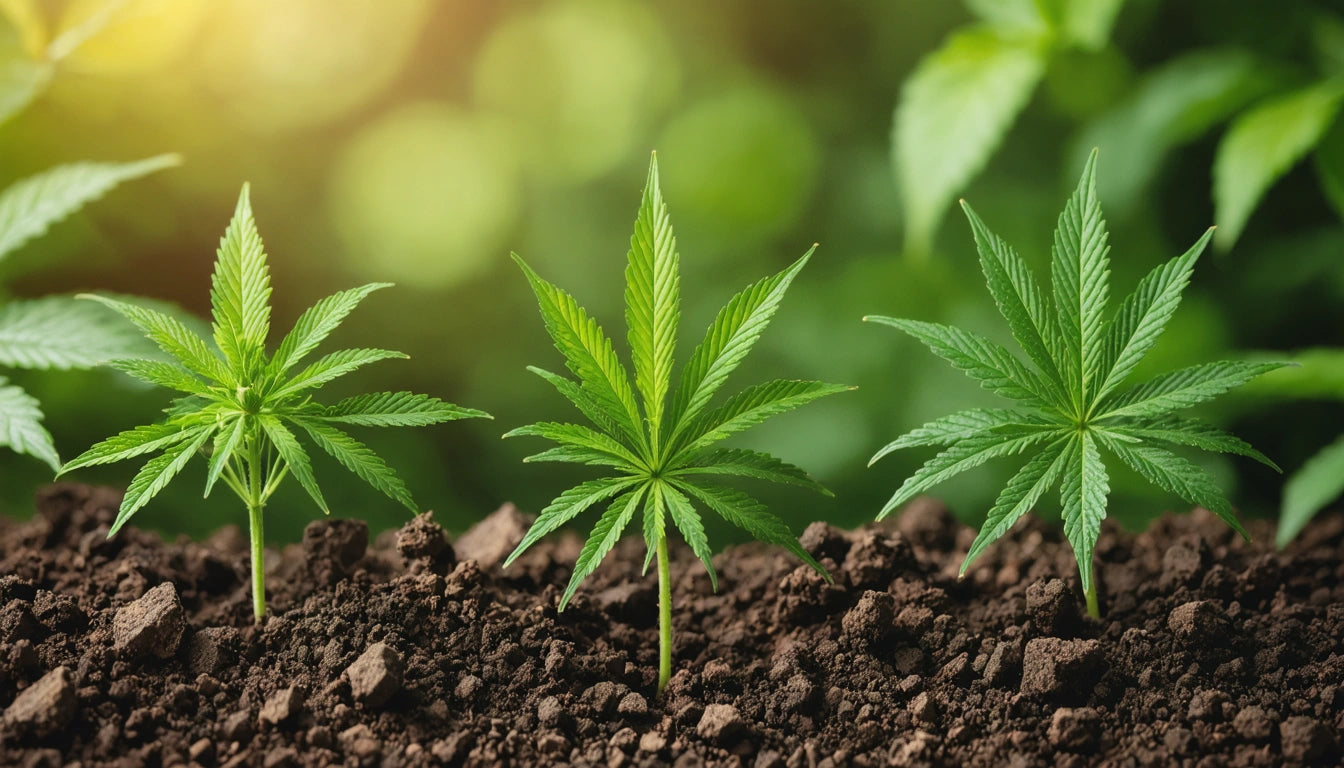 Three green plants with serrated leaves growing in dark soil, blurred green foliage in the background, sunlight from top left