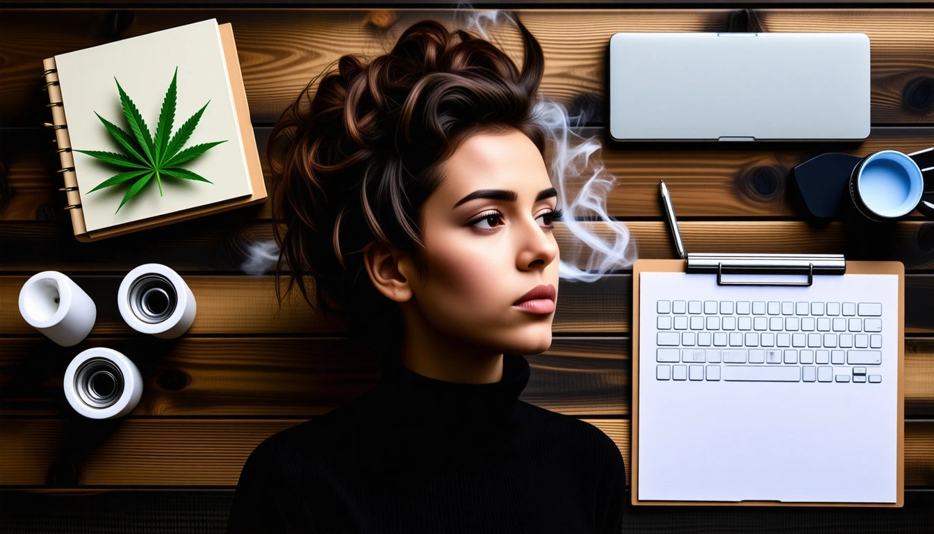 Woman with curly hair, smoke rising, surrounded by a notebook with a leaf, laptop, keyboard, coffee cup, and candles on wood