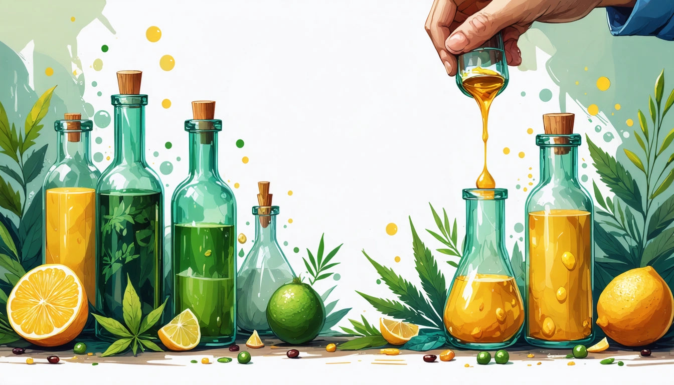 Hand pouring golden liquid into glass bottle, surrounded by green and yellow filled bottles, citrus fruits, and leaves