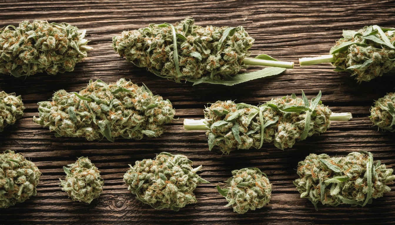 Green, textured plant buds with leaves on a dark wooden surface, arranged in rows