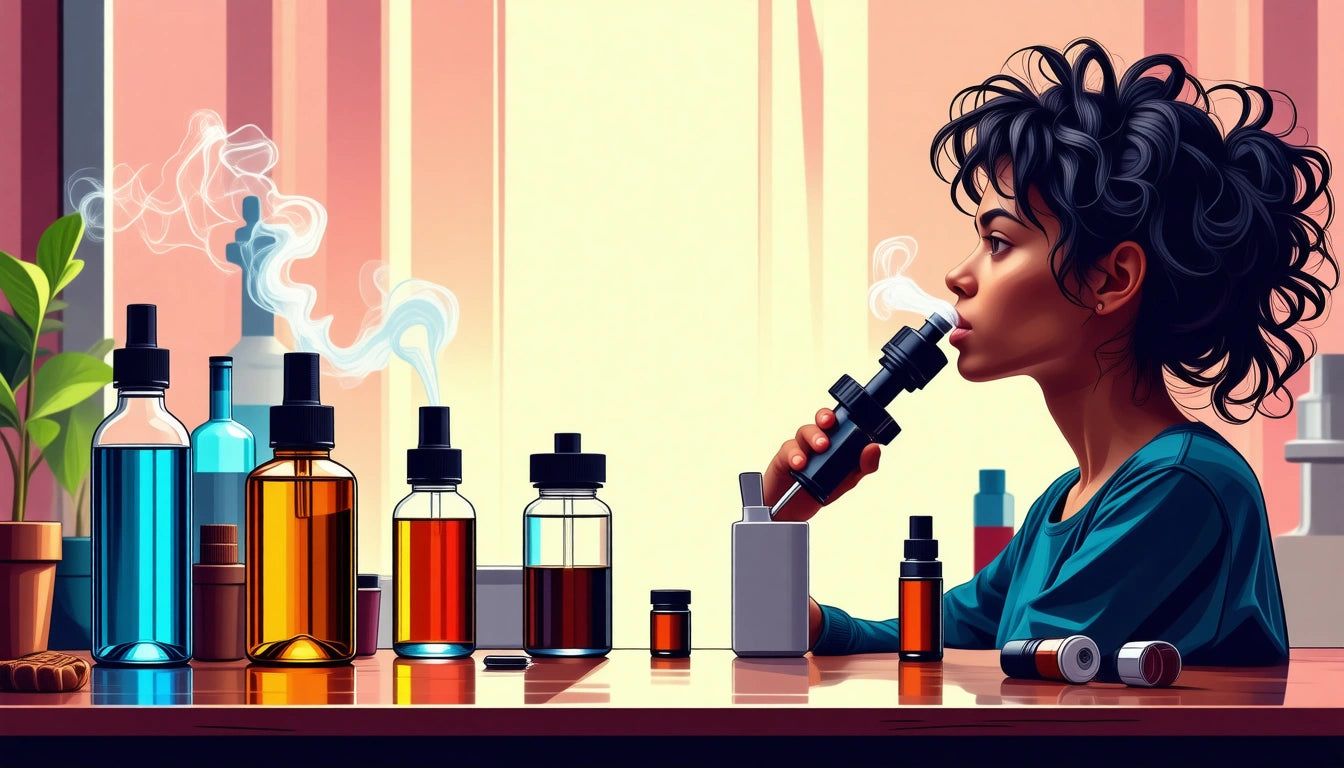 Person with curly hair using a vape pen, seated at a table with various bottles emitting vapor, soft pink and orange background