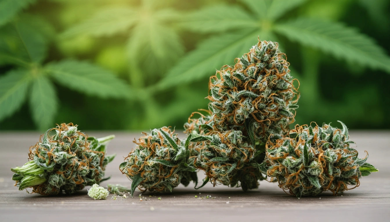 Four dense, green buds with orange hairs on a wooden surface, blurred green leaves in the background