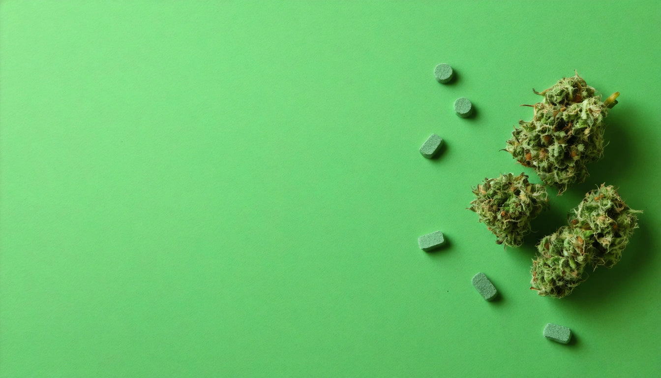 Green background with cannabis buds and scattered green pills on the right side