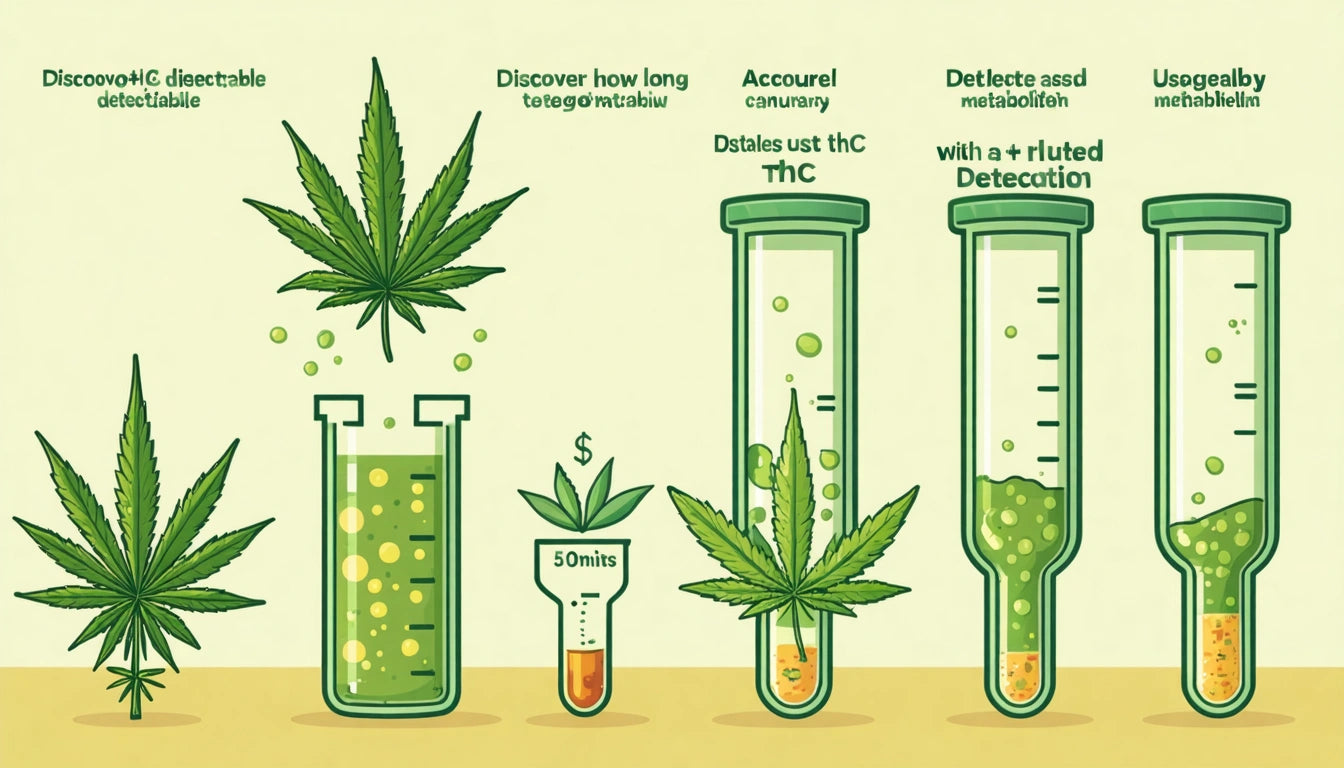 Five test tubes with green liquid, cannabis leaves, and bubbles. Text and symbols above each tube. Light green background