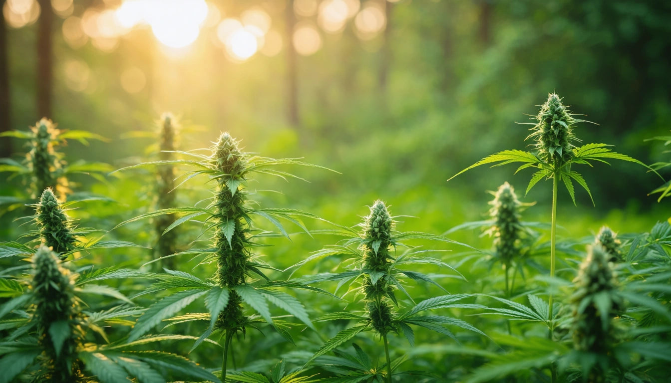 Sunlit green plants with tall, spiky buds and serrated leaves in a lush forest setting