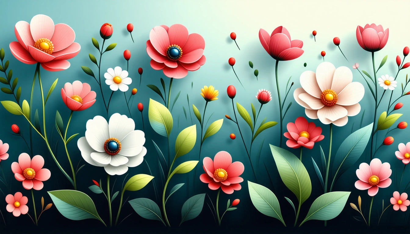 Colorful flowers with red, pink, and white petals, green leaves, and stems against a gradient blue to light background
