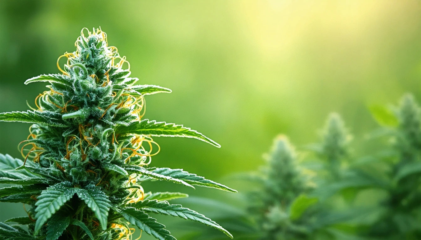 Close-up of a green plant with pointed leaves and orange strands, blurred background with soft light