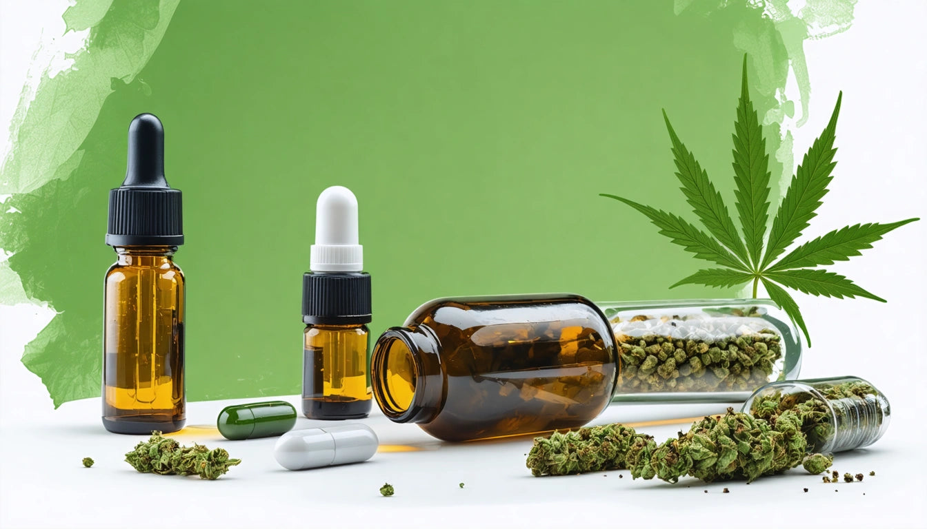 Amber dropper bottles, capsules, and dried herbs on white surface with green background and cannabis leaf