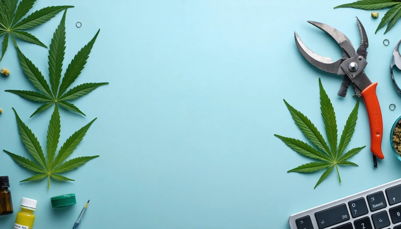 Cannabis leaves, pruning shears, and a calculator on a light blue background