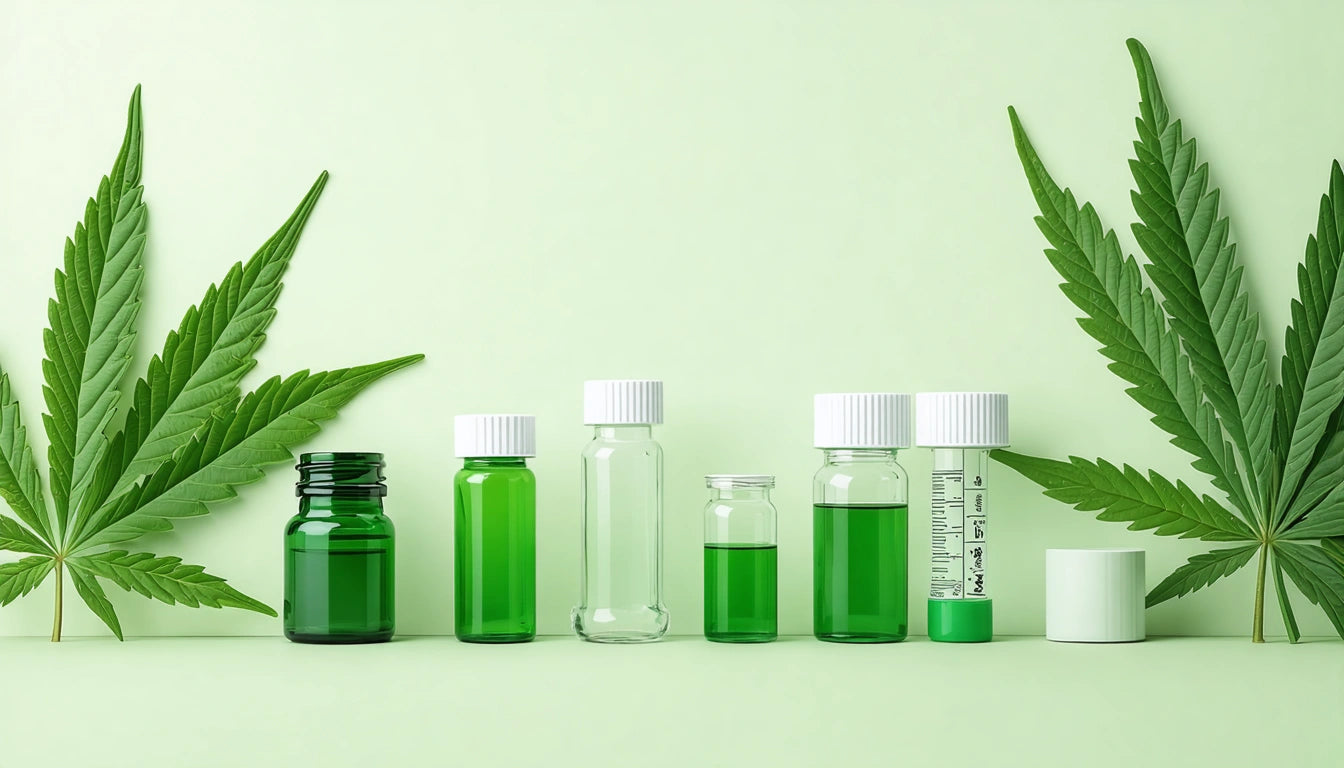Green and clear bottles with white caps lined up, flanked by large green leaves on a light green background