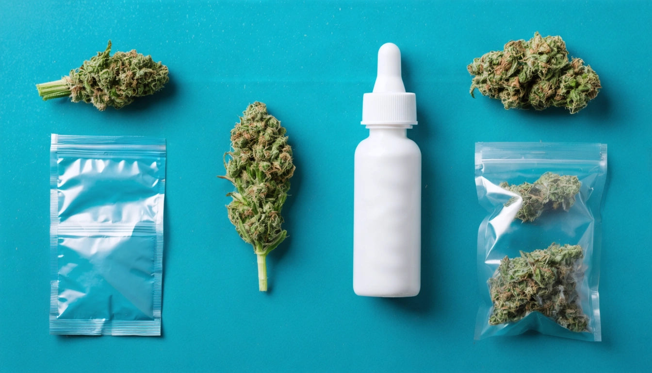 White dropper bottle, cannabis buds, and clear plastic bags on a teal background