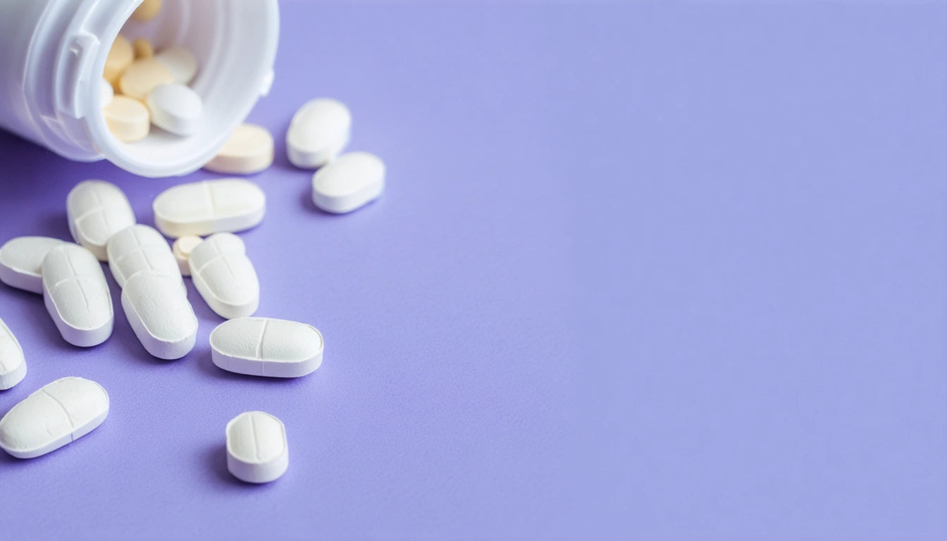 White pills scattered from a tipped-over bottle on a purple surface