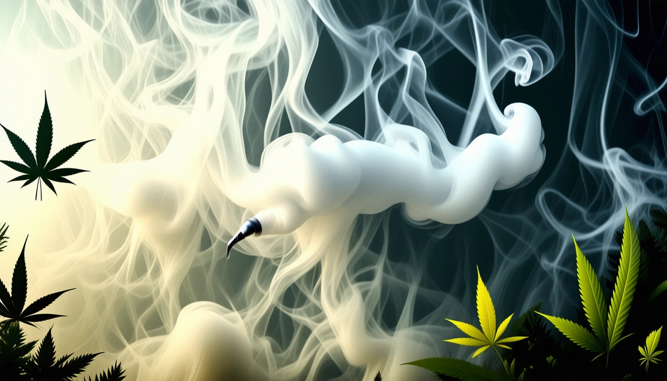 Various cannabis accessories arranged artfully - rolling papers, grinder, glass pipe, and subtle smoke wisps against a minimalist background
