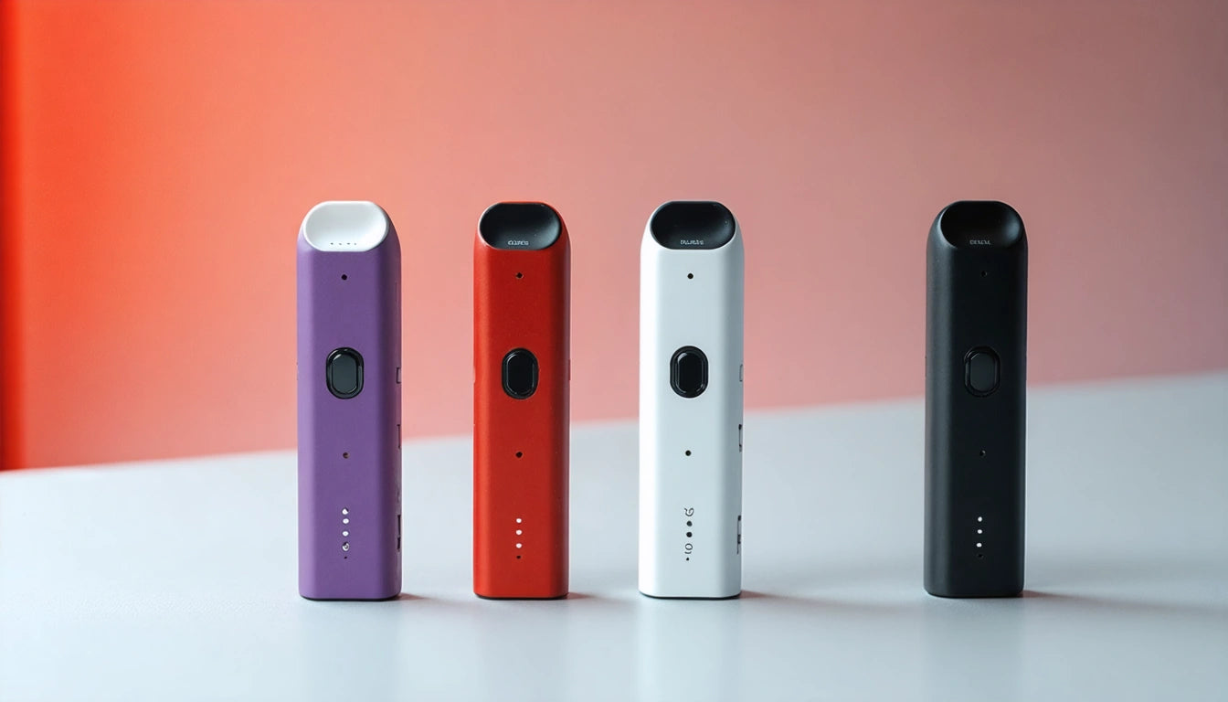 Five upright rectangular devices in purple, red, white, and black on a white surface, set against a gradient pink background