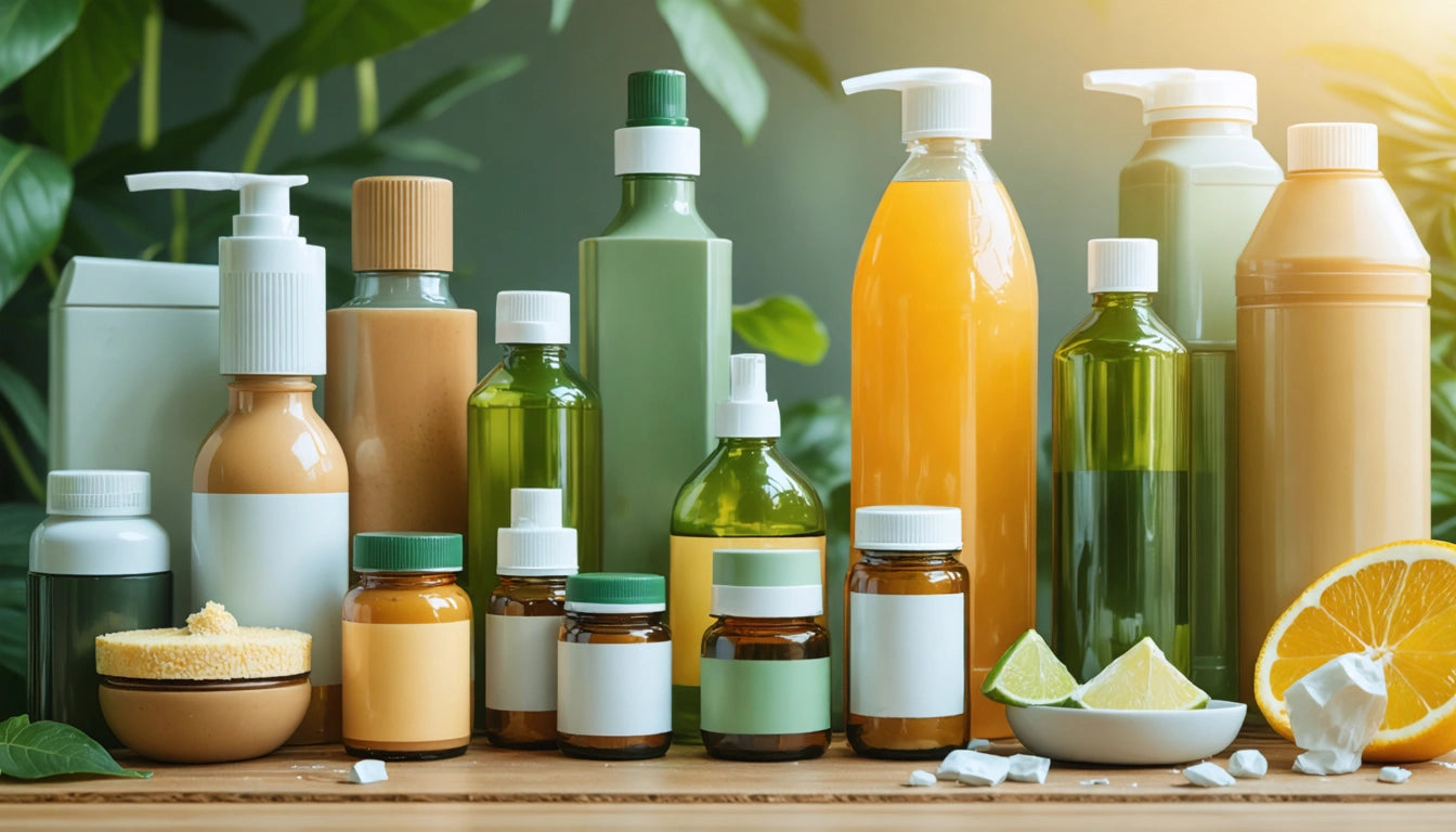 Various bottles and jars in green, orange, and white on a wooden surface, with sliced citrus fruits and leaves in the background