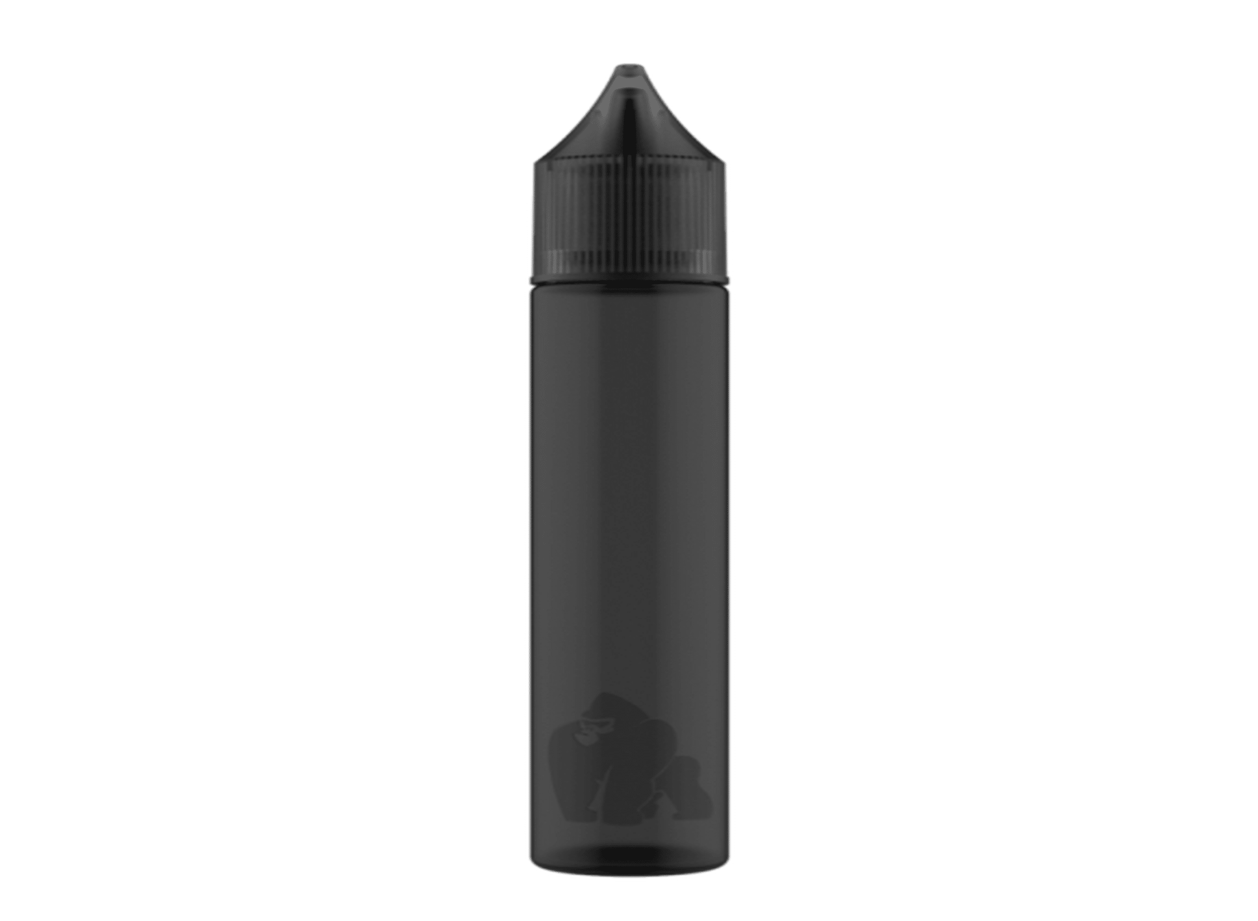 Gorilla sitting at a wooden table with a water bottle on the right, neutral background