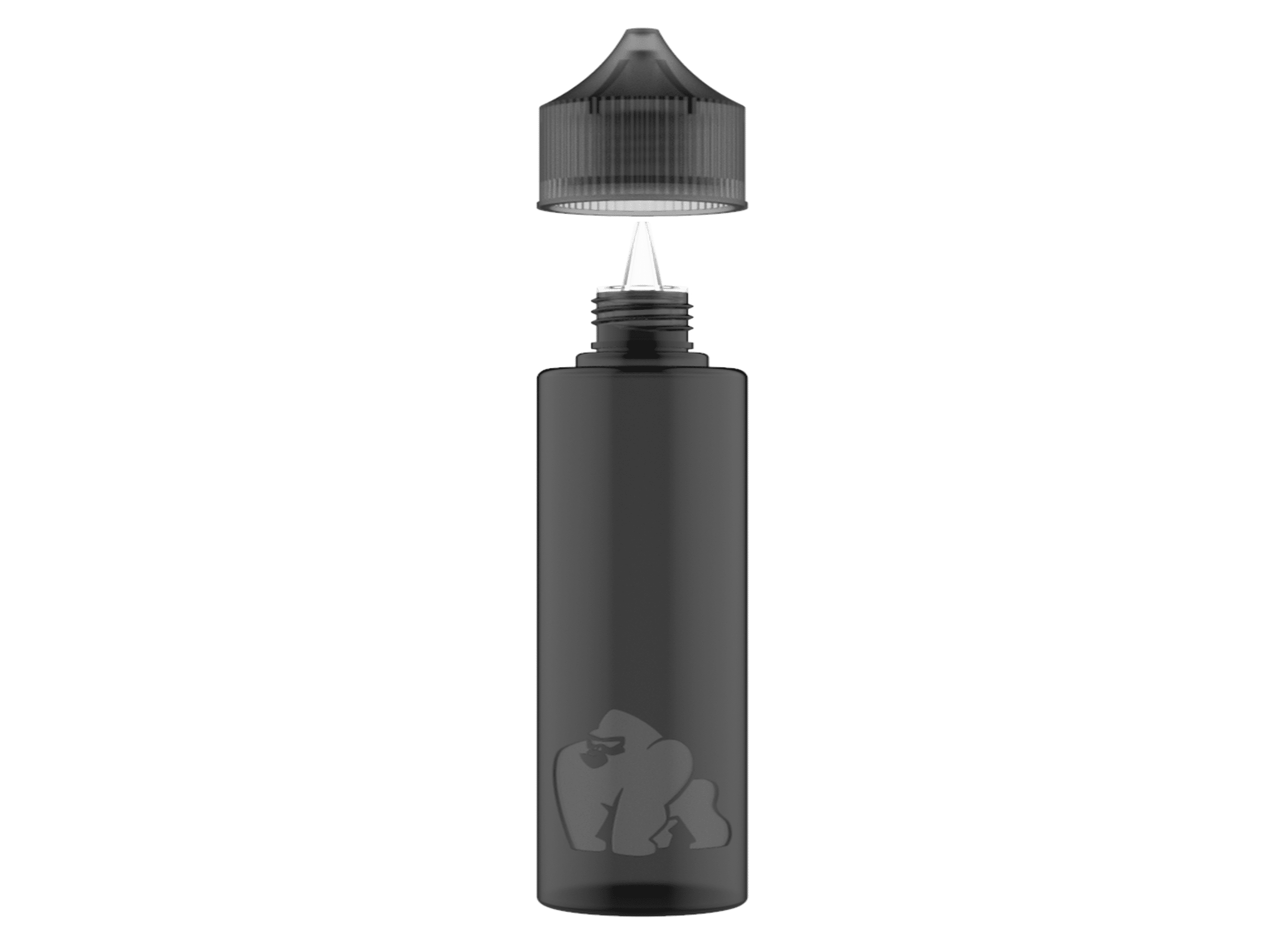 Gray gorilla-shaped bottle with a gold cap on a wooden table, next to a small knife and cheese on a dark background