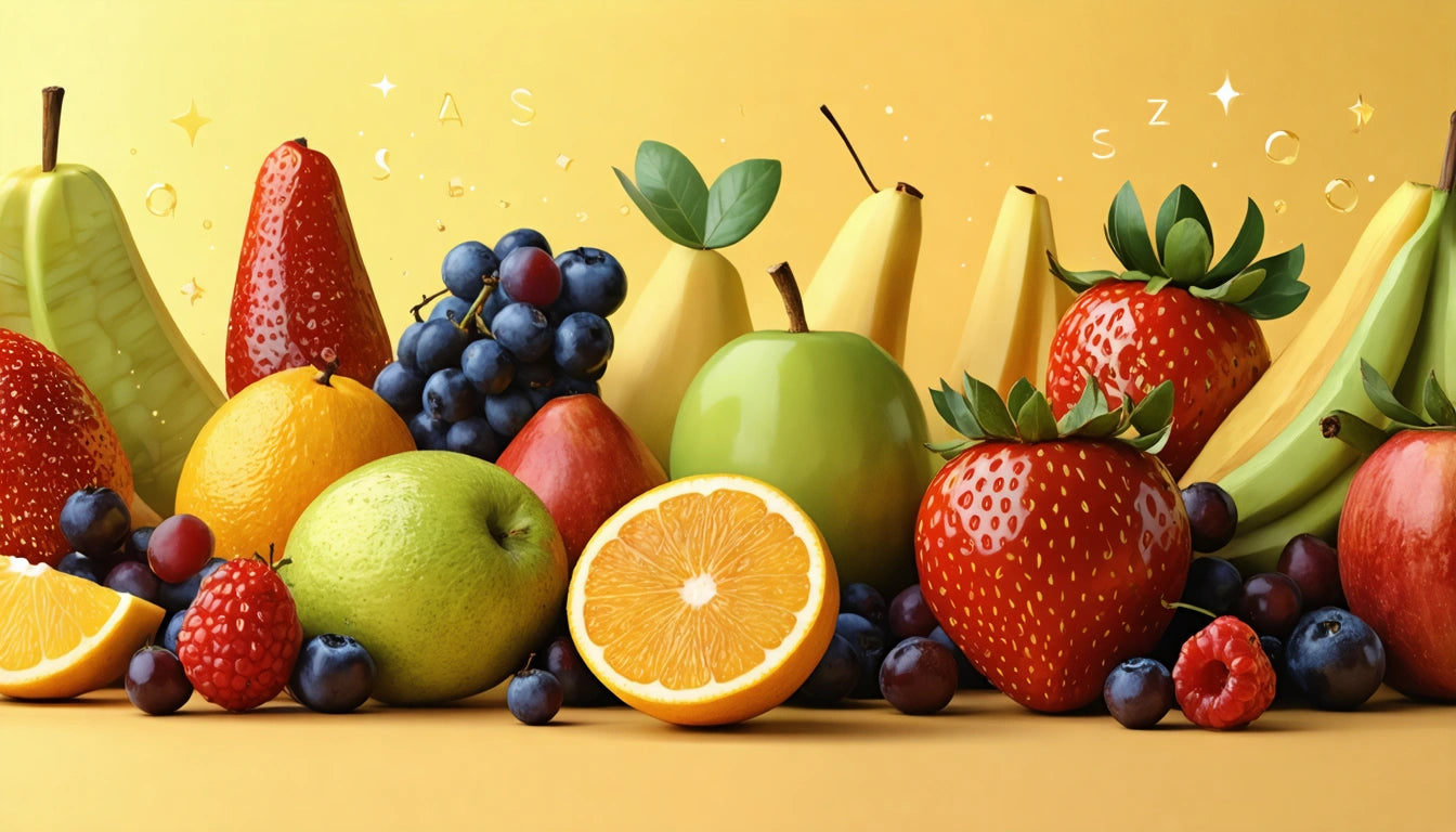Assorted fruits including strawberries, bananas, grapes, and a sliced orange on a yellow background with small sparkles