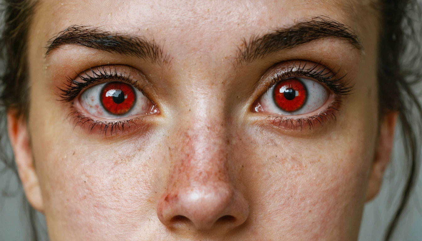 Close-up of a person's face with red eyes, freckles, and light brown eyebrows, under soft lighting