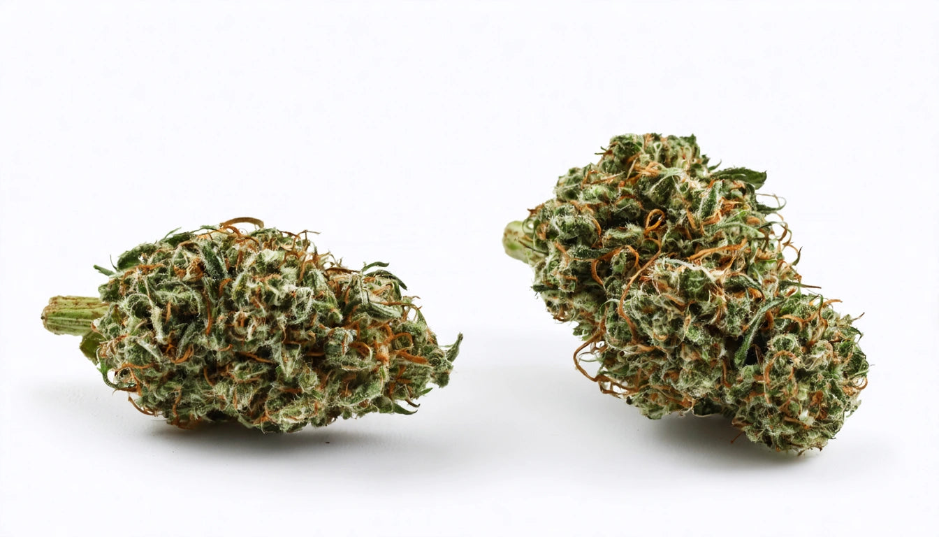 Two green, textured plant buds with orange strands on a white background