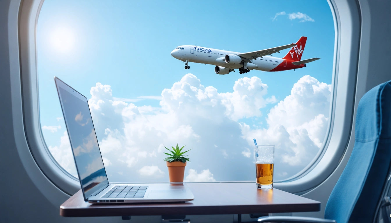 Laptop, small plant, and drink on airplane tray table; large window view of airplane flying above fluffy clouds in blue sky