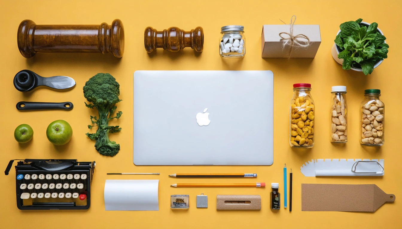 Laptop surrounded by broccoli, apples, jars, typewriter, pencils, and kitchen tools on a yellow background