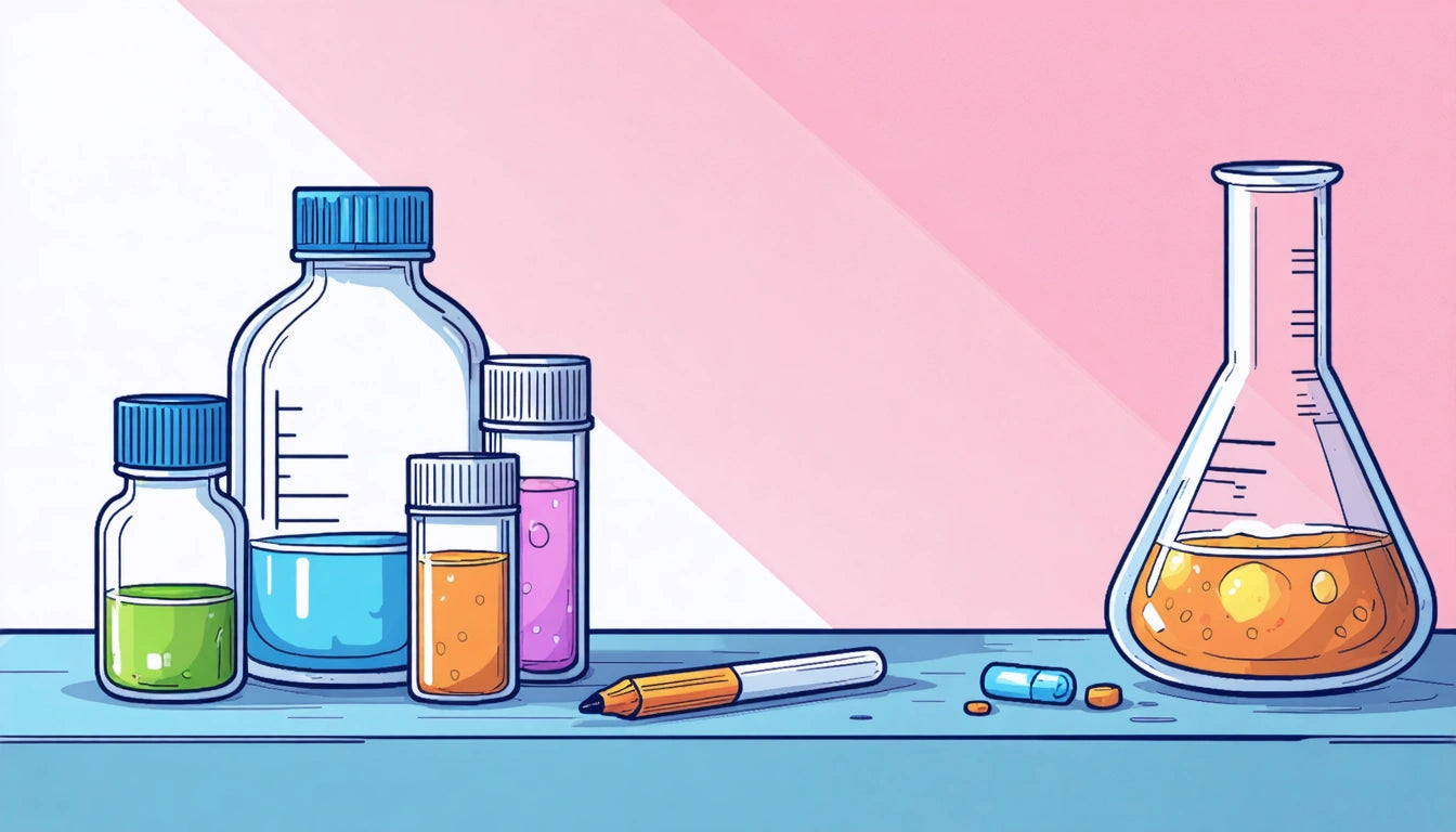Bottles with colored liquids, a pen, pills, and a beaker on a blue surface against a pink and white background