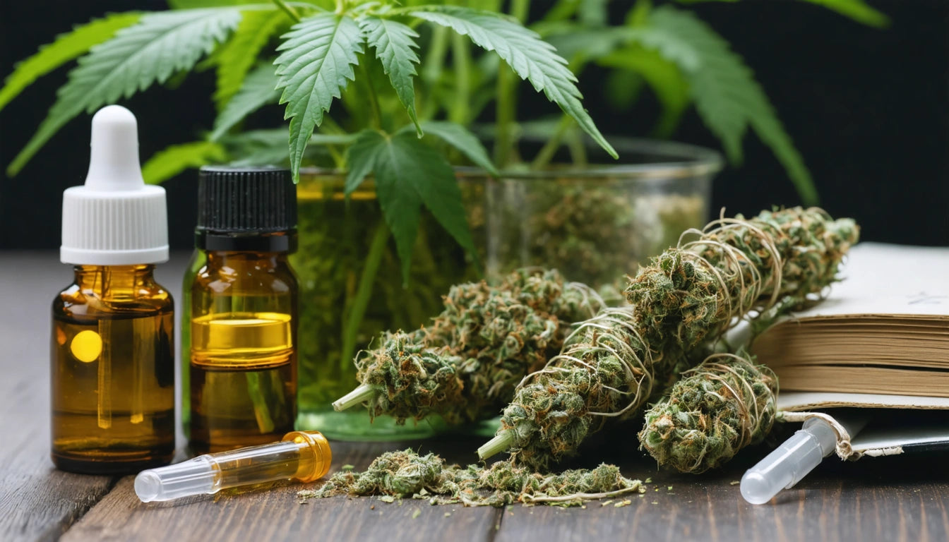 Glass jars with green leaves, amber dropper bottles, dried herbs, and open book on wooden surface