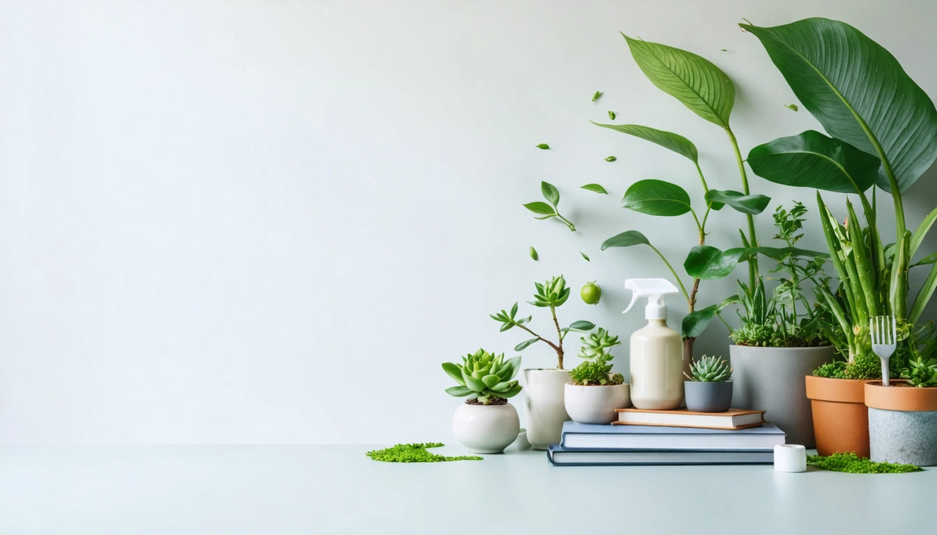 Potted plants and succulents on books, spray bottle, and small gardening tools against a light background