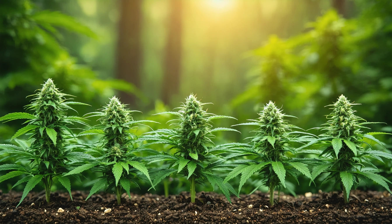 Four green plants with dense leaves and buds in soil, blurred forest background, sunlight filtering through trees