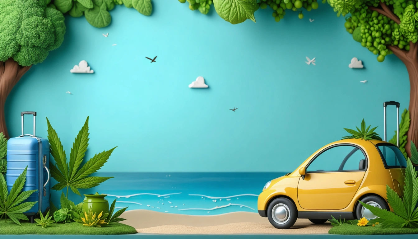 Yellow car on sandy beach with blue ocean, trees, suitcase, and birds in sky