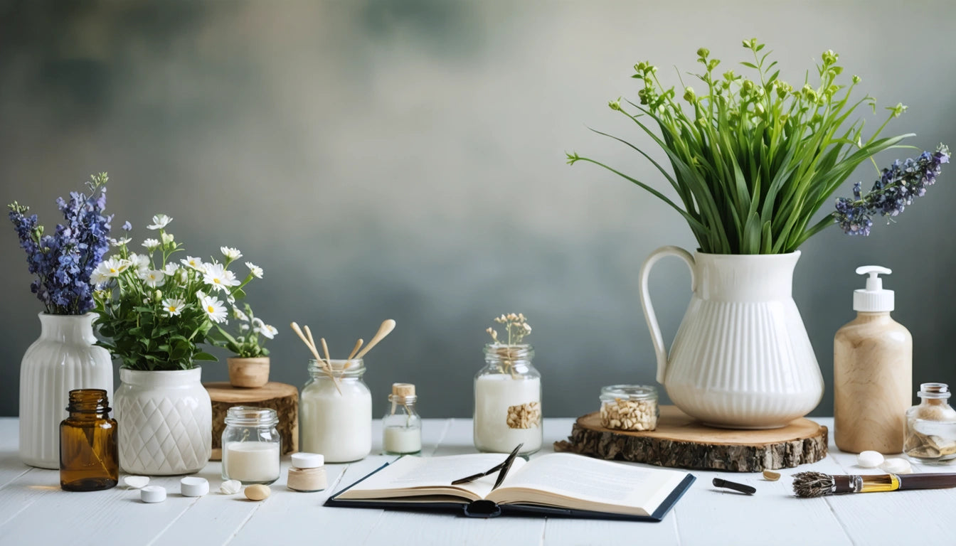 Open notebook on table surrounded by potted flowers, glass jars, and a white pitcher with green plants