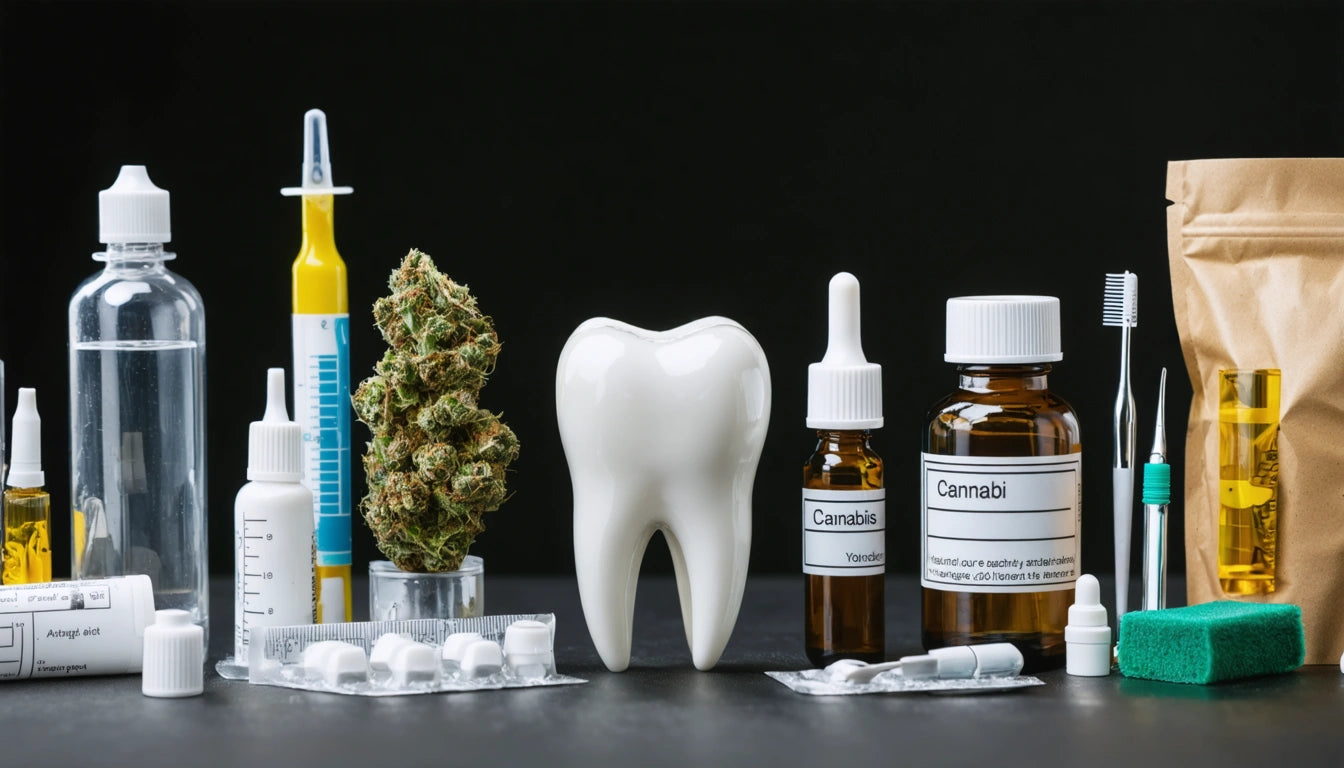 Various medical items including syringes, pill blister packs, cannabis buds, a tooth model, and amber bottles on a black surface
