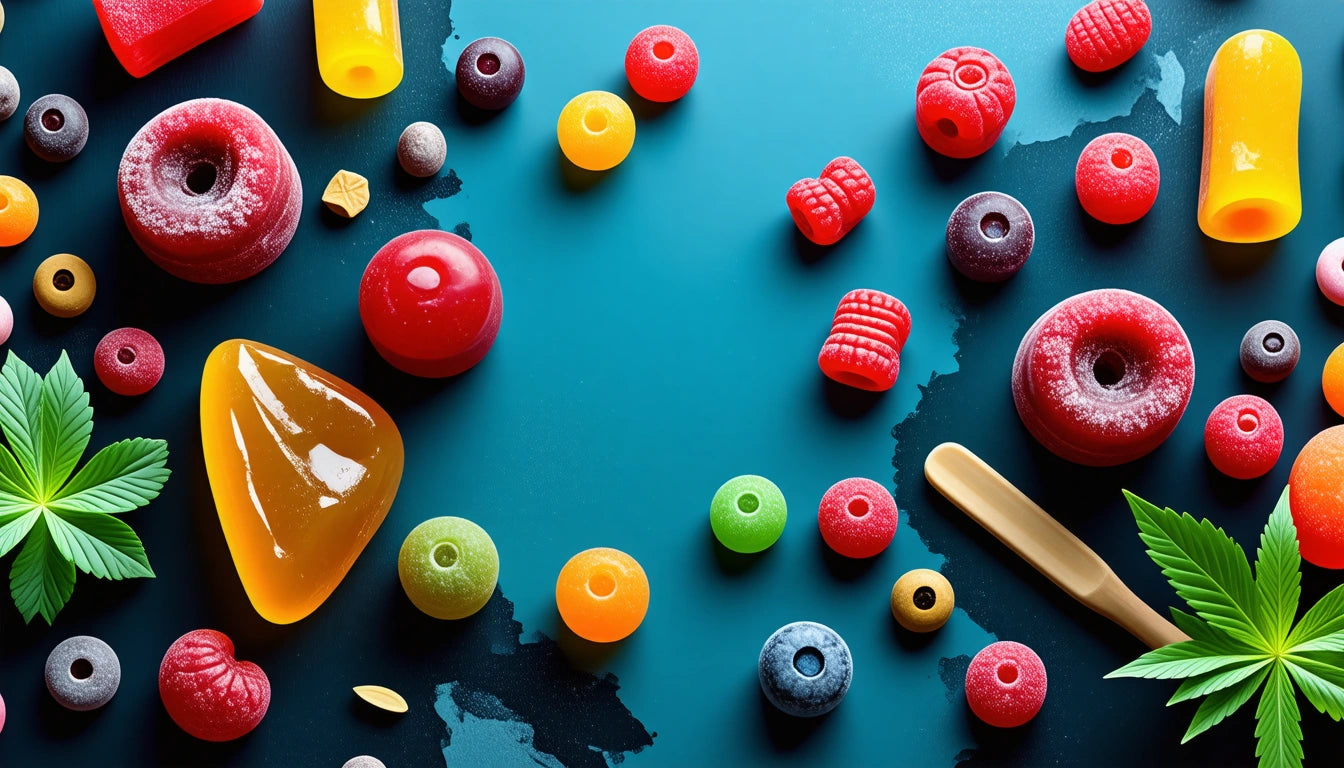 Colorful gummy candies arranged on a wooden tray with cannabis leaves nearby, natural light highlighting their translucent texture