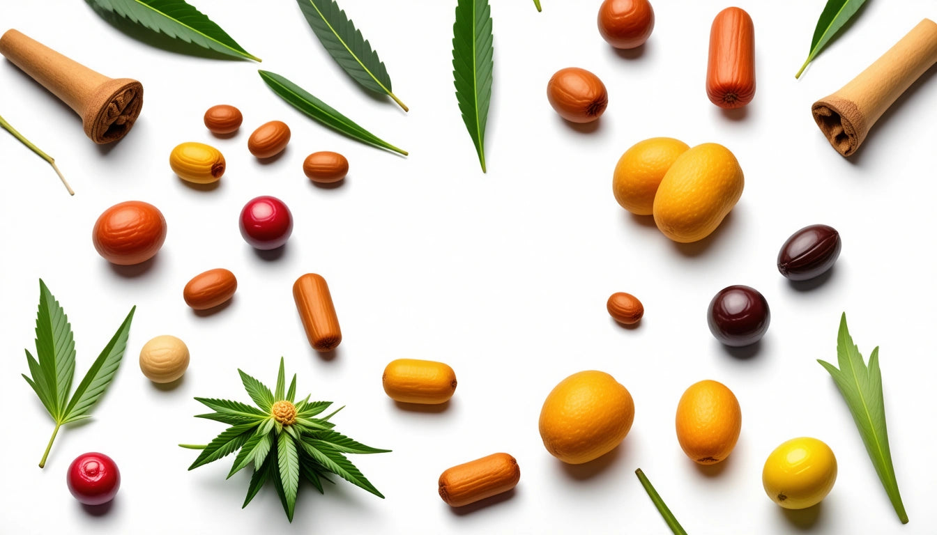 Assorted colorful capsules and wooden objects scattered among green leaves on a white background